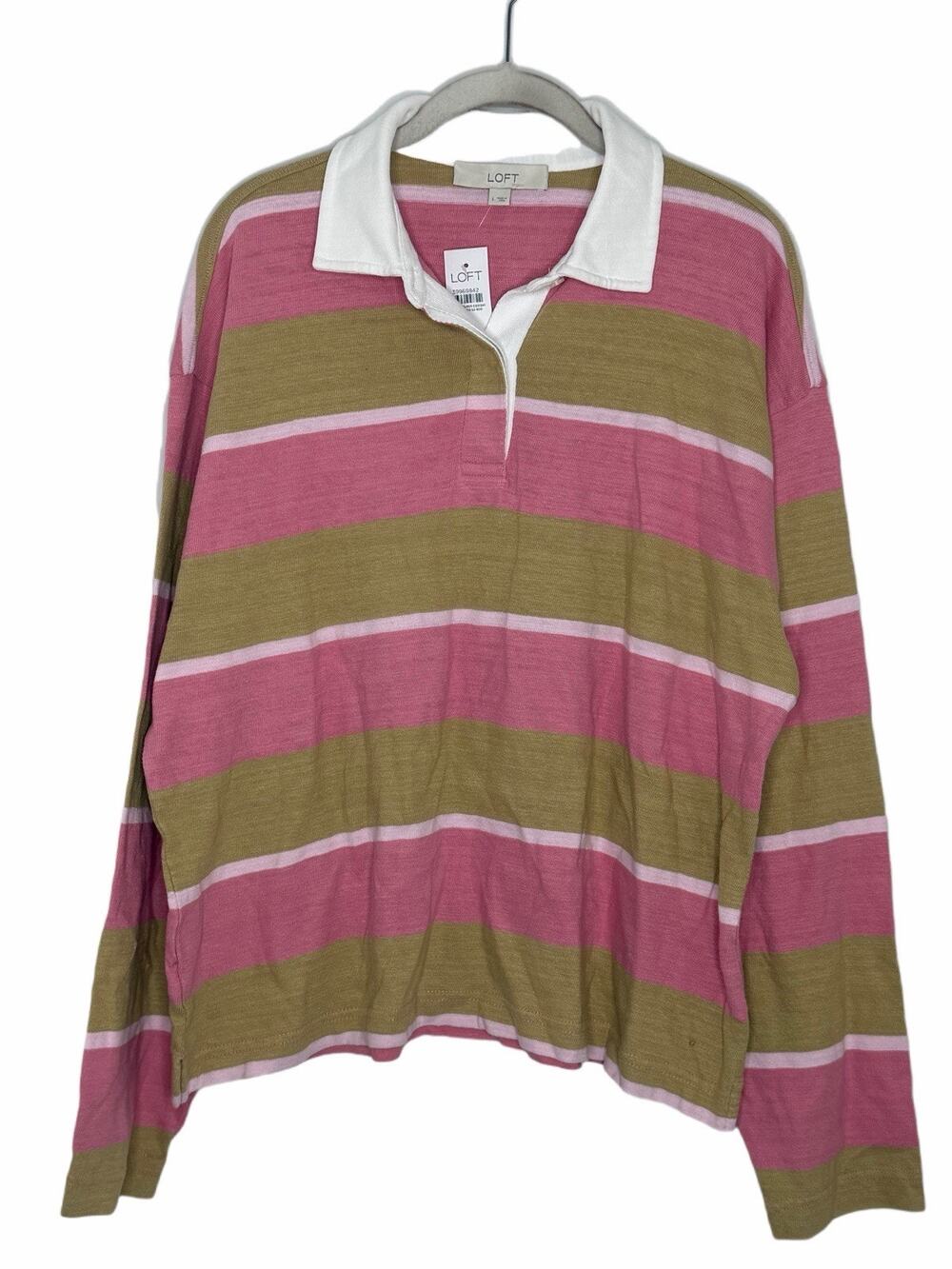 Women's Loft Rugby Pink Beige Stripe Polo Long Sleeve Top Size L New With Tags